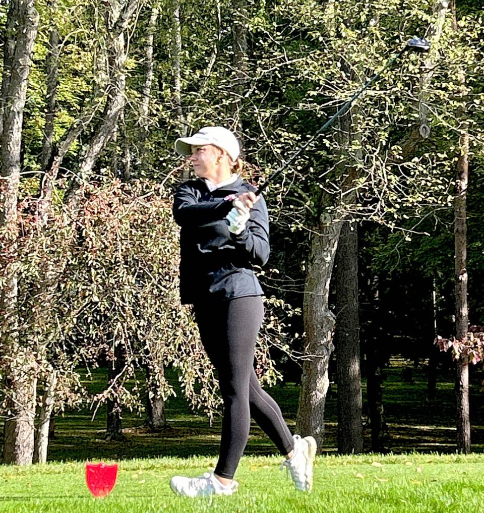 Kate Sowers of West Middlesex watches her tee shot on The Country Club of Meadville's second hole during Wednesday's final round of District 10's Class 2A girls golf tournament. Sowers was the division's medalist with a 36-hole score of 4-under par 140.