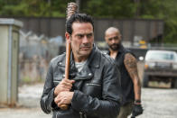 <p>He is a badass, no doubt, but his smarmy villainy can get cartoonish — like the over-the-top theatrical way he killed Glenn and Abraham. Murder doesn’t need to be entertainment.<br><br>(Photo: AMC) </p>