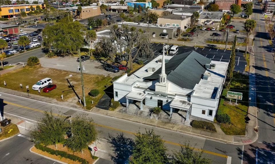 An aerial view of Mt. Moriah Missionary Baptist Church in downtown Ocala.