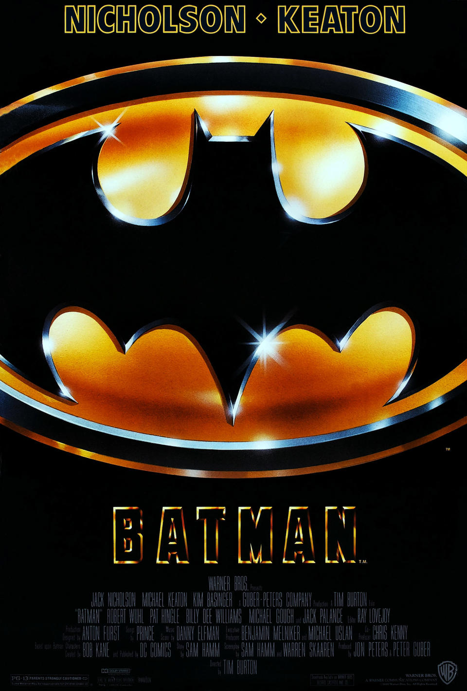 Batman movie poster featuring the iconic bat symbol with "Nicholson" and "Keaton" at the top, and cast names, including Michael Keaton and Jack Nicholson, at the bottom