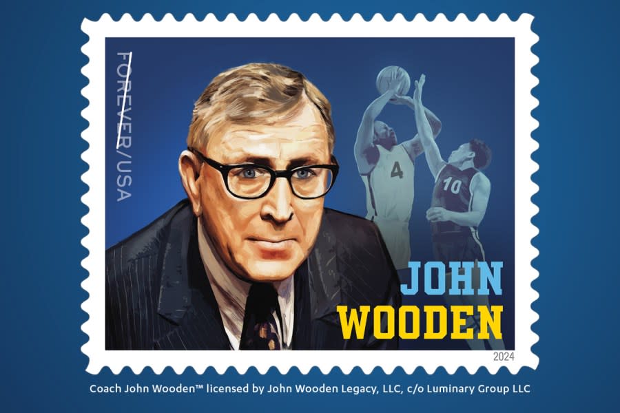 The United States Postal Service has unveiled a new Forever stamp that honors for UCLA Bruins men's basketball coach John Wooden. (USPS via UCLA)