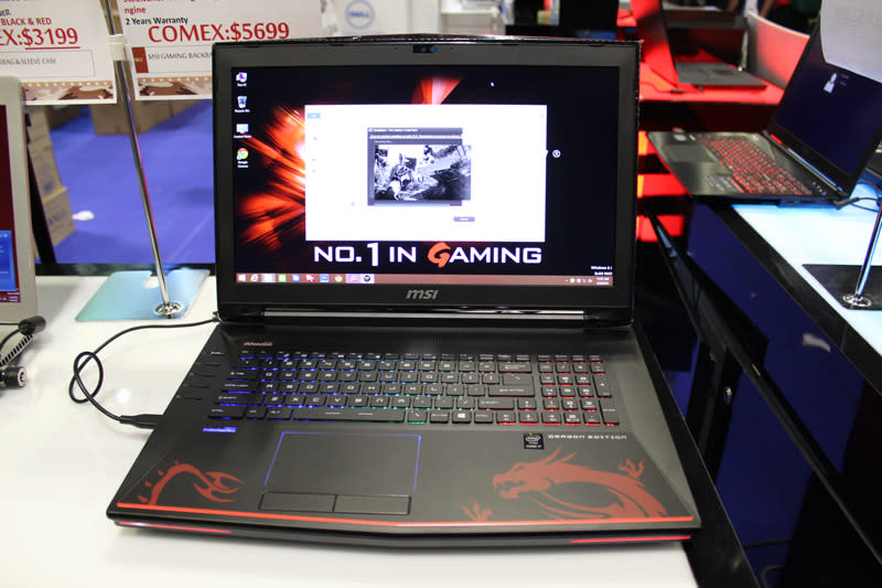 MSI's GT72S Dominator Pro is a refreshed version of the 17.3-inch GT72 Dominator Pro. The new version features 1920 x 1080 pixels IPS G-Sync display, an Intel Core i7-6820HK (2.7GHz, 8MB smart cache) processor, NVIDIA GeForce GTX 980M (8GB VRAM), 16GB DDR4 RAM, 128GB SSD + 1TB HDD and a BD-RW drive. It comes with Windows 8.1 and costs $4,499. Note that the machine pictured is the GT72 Dragon Edition, not the GT72S. Both machines are identical save for the exclusive dragon decal found on the GT72 Dragon Edition. MSI didn't have the GT72S in stock when we visited, though they promised it would arrive later today.