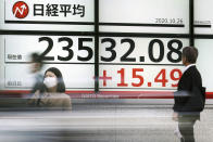 Pedestrian stand near an electronic stock board showing Japan's Nikkei 225 index at a securities firm in Tokyo Monday, Oct. 26, 2020. Asian shares were little changed in muted trading Monday amid widespread uncertainty over what the U.S. presidential election will portend for markets and economic policy.(AP Photo/Eugene Hoshiko)