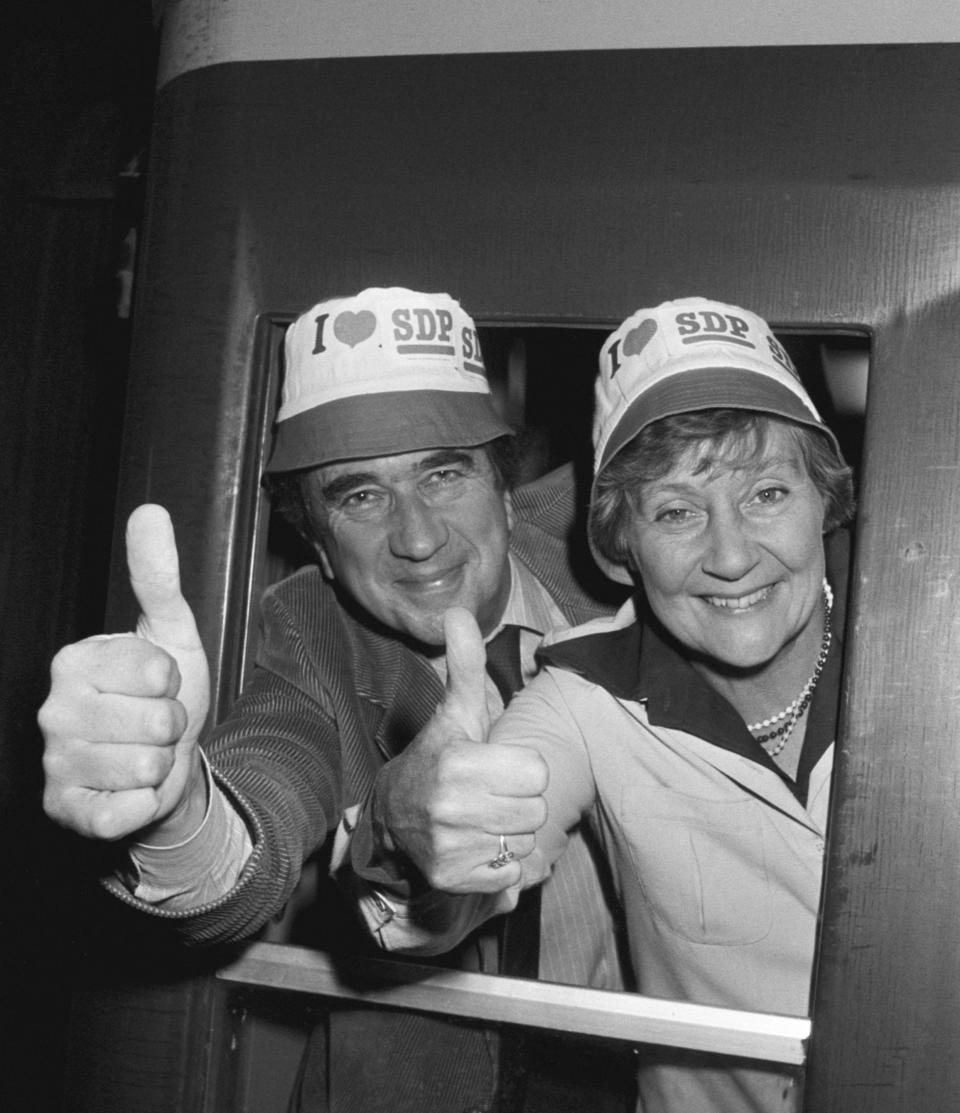 With Bill Rodgers aboard their train at Paddington Station bound for Torquay and the 1985 party conference - PA