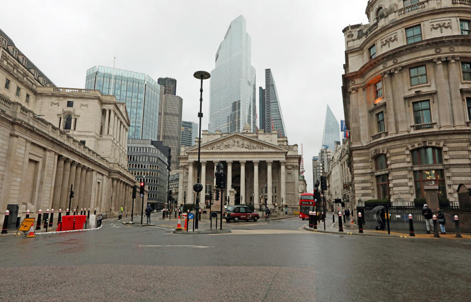 An almost-deserted Bank junction in the heart of the City of London on the first business day of the New Year. (Photo by Luciana Guerra/PA Images via Getty Images)