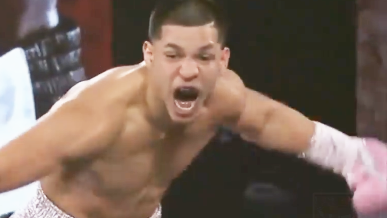 Puerto Rican boxer Edgar Berlanga is pictured celebrating after defeating Lanell Bellows.