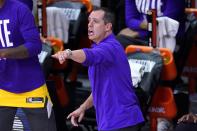 Los Angeles Lakers head coach Frank Vogel instructs his team during the second half an NBA conference final playoff basketball game against the Denver Nuggets on Friday, Sept. 18, 2020, in Lake Buena Vista, Fla. (AP Photo/Mark J. Terrill)