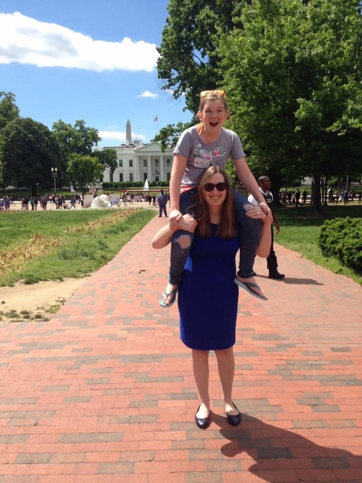 "Sarah McBride is my hero," says Stella Keating, pictured here on the Delaware state senator's shoulders. Keating made history last week as the first transgender teen to testify before the U.S. Senate, which she did to support the Equality Act. (Courtesy of Stella Keating)