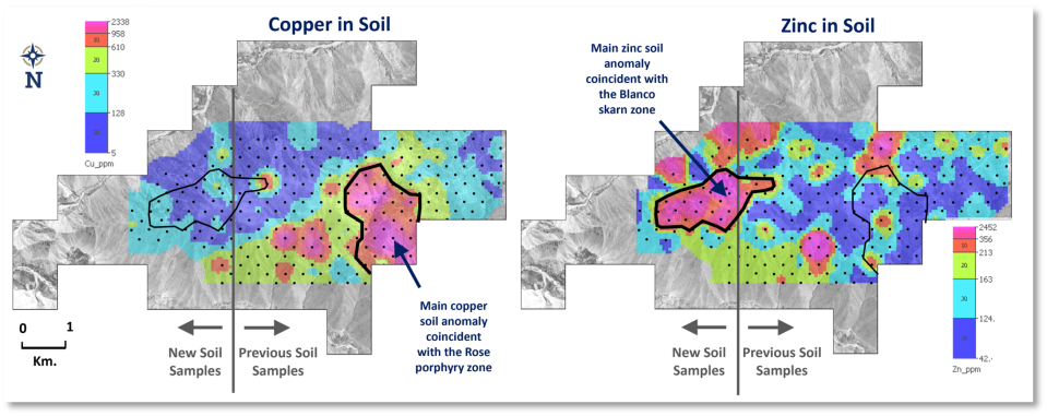 Gridded soil / talus sample results from the Auquis project highlighting copper anomalies surrounding the Rose porphyry zone and zinc anomalies surrounding the Blanco skarn zone.  The gridded image combines new samples and samples previously collected, all of which have been analyzed using portable XRF to generate a single gridded image.