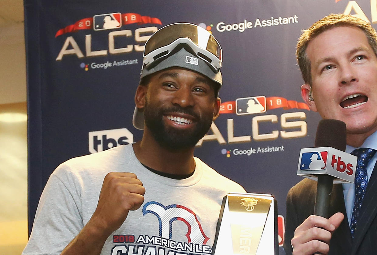 Jackie Bradley Jr.’s three ALCS hits were so important that he won the ALCS MVP award. (Photo by Elsa/Getty Images)