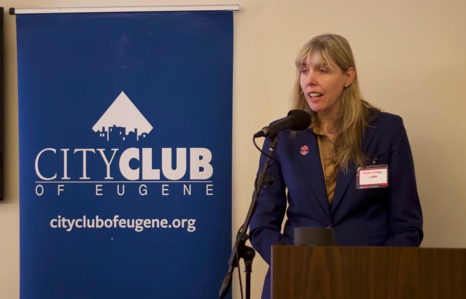 Doyle Canning, consultant and community organizer, is running in the Oregon Representative District 8 Democratic primary election. She gives her opening statement at a forum held by the City Club of Eugene on April 19.