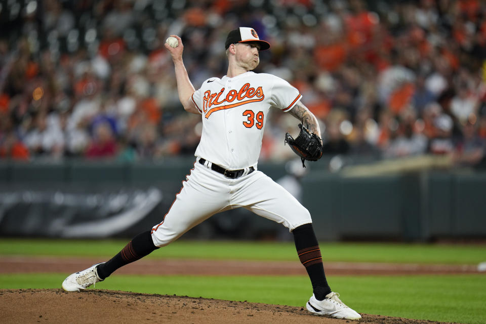 Baltimore Orioles starting pitcher Kyle Bradish throws to the Tampa Bay Rays in the third inning of a baseball game, Thursday, Sept. 14, 2023, in Baltimore. (AP Photo/Julio Cortez)