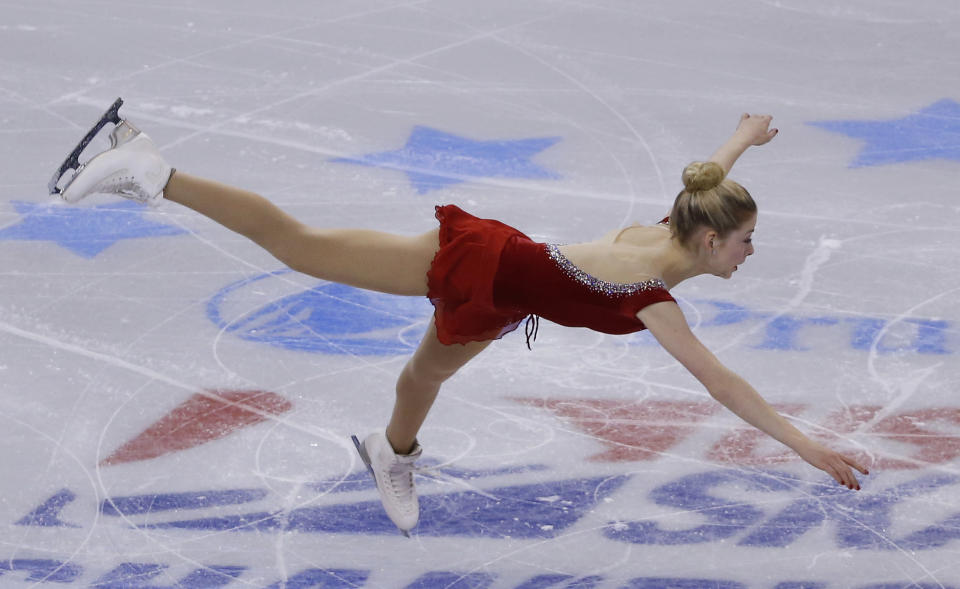 Gracie Gold skates during the women's short program at the U.S. Figure Skating Championships in Boston, Thursday, Jan. 9, 2014. (AP Photo/Elise Amendola)