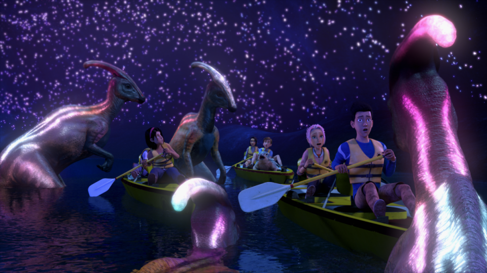 《侏羅紀世界》設定提到主題樂園有一條泛舟河流，只是當時電影是鏡頭匆匆帶過，在動畫版裡頭則有更多篇幅呈現。（Netflix提供）