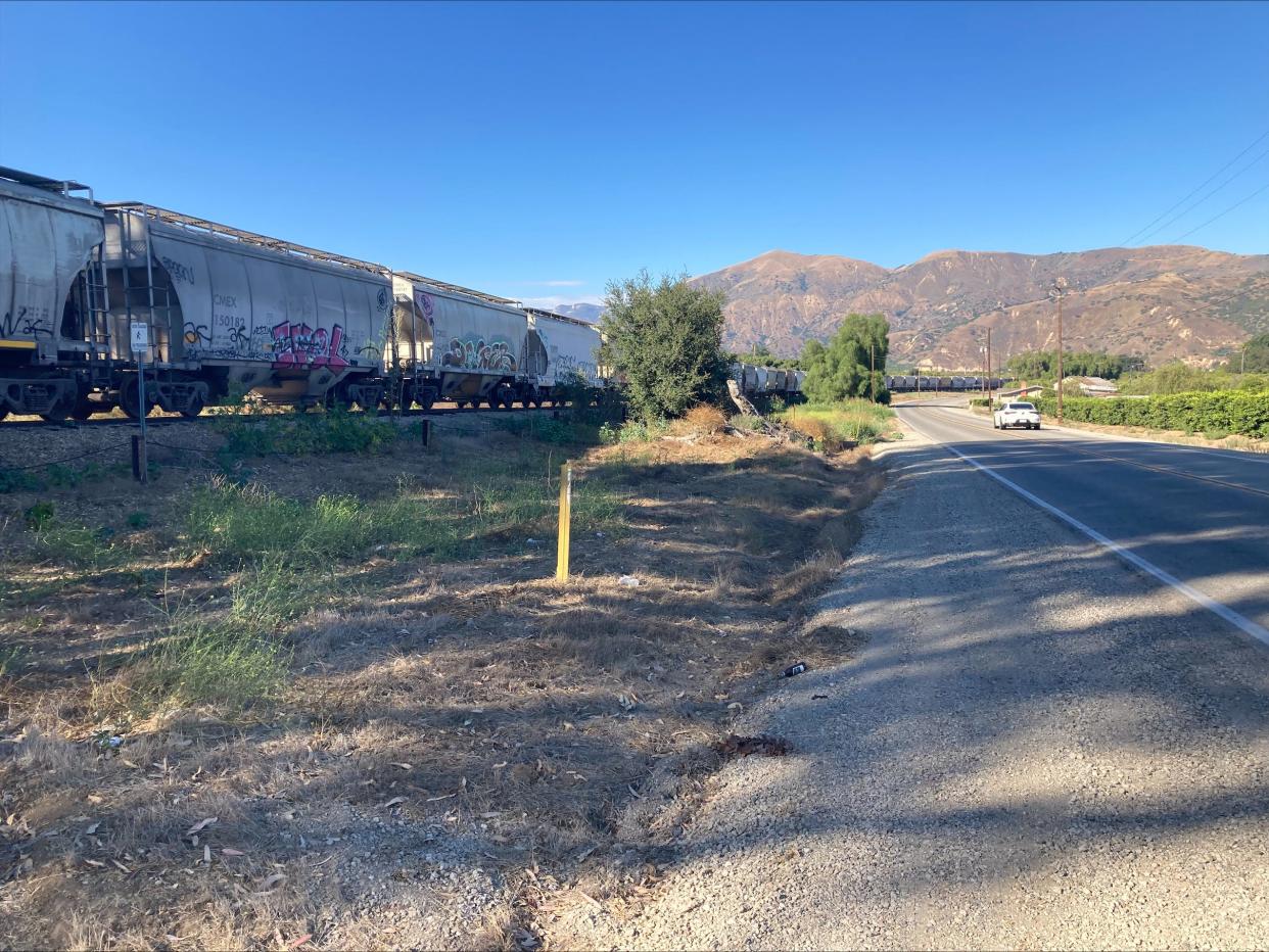 Train cars with graffiti are parked on Old Telegraph Road in unincorporated Fillmore on Tuesday, Aug. 15.