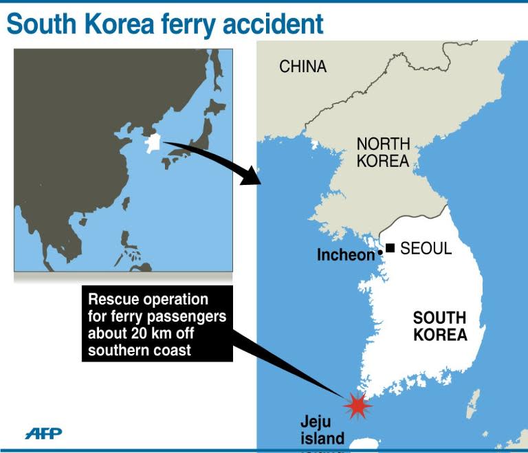 Map showing the area off the south coast of South Korea where a rescue operation is underway for some 450 passengers on a sinking ferry