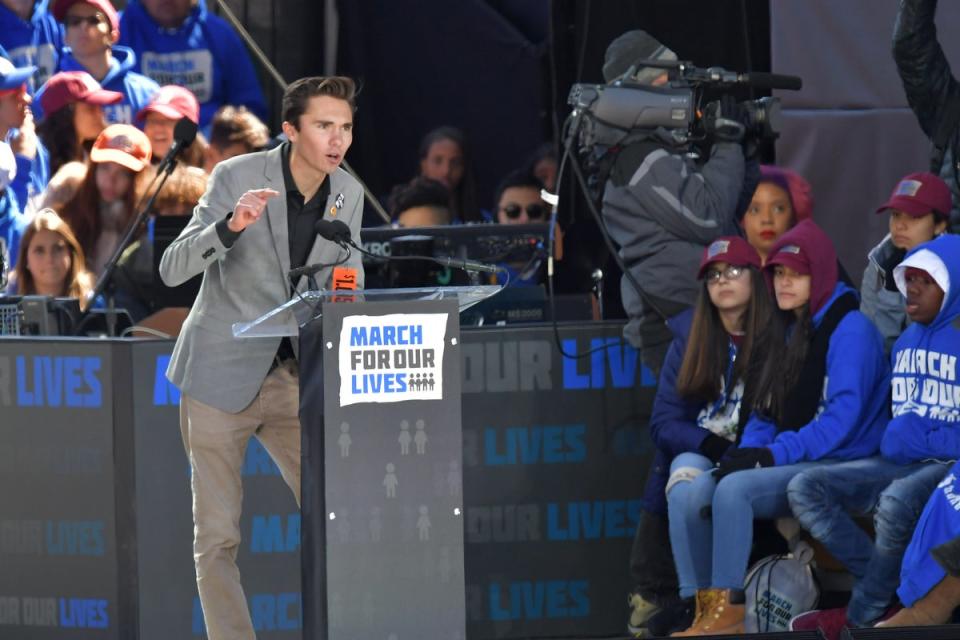 David Hogg adresses the crowd during the March For Our Lives rally in 2018 (AFP via Getty Images)