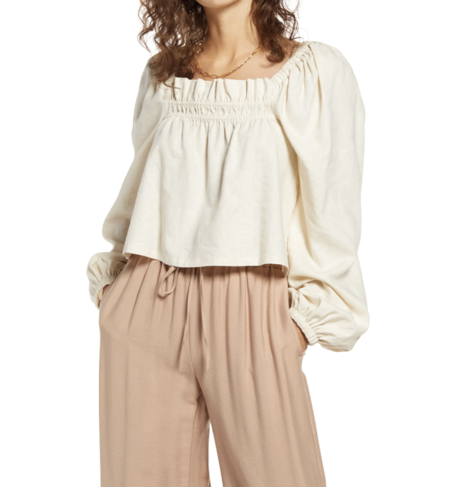 Open Edit Long Sleeve Linen Blend Blouse in Ivory Birch (Photo via Nordstrom)