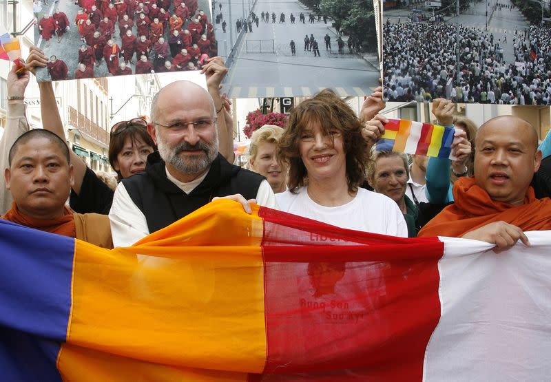 Actress and activist Jane Birkin stands during a demonstration as part of events for Myanmar day in Cannes