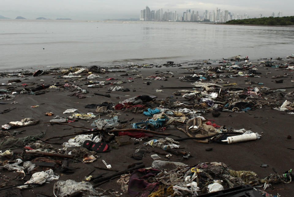 In this photo taken Oct. 18, 2012, trash litters the shore near a mangrove forest that hugs the coastline of Panama City. A multi-year boom in Central America’s fastest-growing economy has unleashed a wave of development along the Bay of Panama. Environmentalists warn that the construction threatens one of the world’s richest ecosystems and the habitat for as many as 2 million North American shorebirds. (AP Photo/Arnulfo Franco)