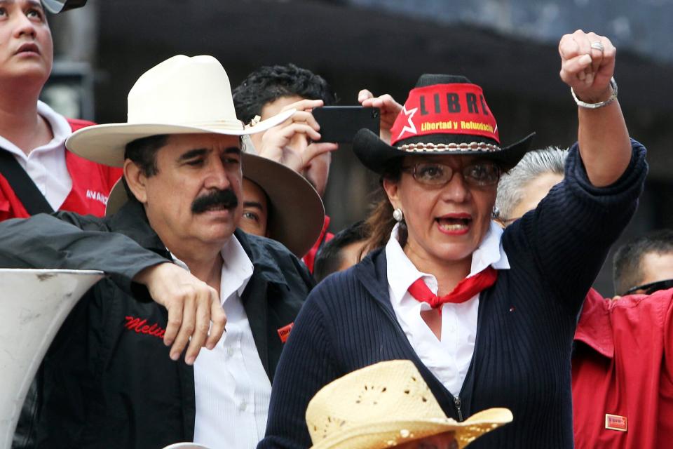 Honduran Former President Manuel Zelaya (l) and His Wife Xiomara Castro De Zelaya (r) Speak During a Protest of Teachers and Members of the Frente Nacional De Resistencia Popular (fnrp) who Demonstrate Against a New Law Over Special Regions For Development Better Known As 'Model Cities' in Tegucigalpa Honduras 24 January 2013 the Honduran Parliament Aproved the Law on 23 January 2013 the Model Cities Initiative Approved For the First Time in January 2011 by the Honduran Parliament was Declared Unconstitutional in October 2012 by the Constitutional Chamber of the Supreme Court Honduras Tegucigalpa Honduras Protest - Jan 2013