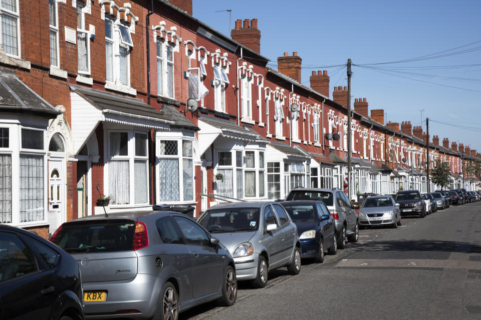 Terraced housing on Ombersley Road in Sparkbrook in Birmingham, United Kingdom. In architecture and city planning, a terraced or terrace house or townhouse exhibits a style of medium-density housing that originated in Europe in the 16th century, where a row of identical or mirror-image houses share side walls. (photo by Mike Kemp/In PIctures via Getty Images)