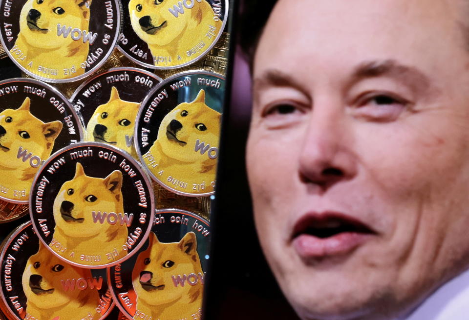 A photo of Elon Musk is displayed on a smartphone placed on representations of cryptocurrency Dogecoin in this illustration taken June 16, 2022. REUTERS/Dado Ruvic/Illustration