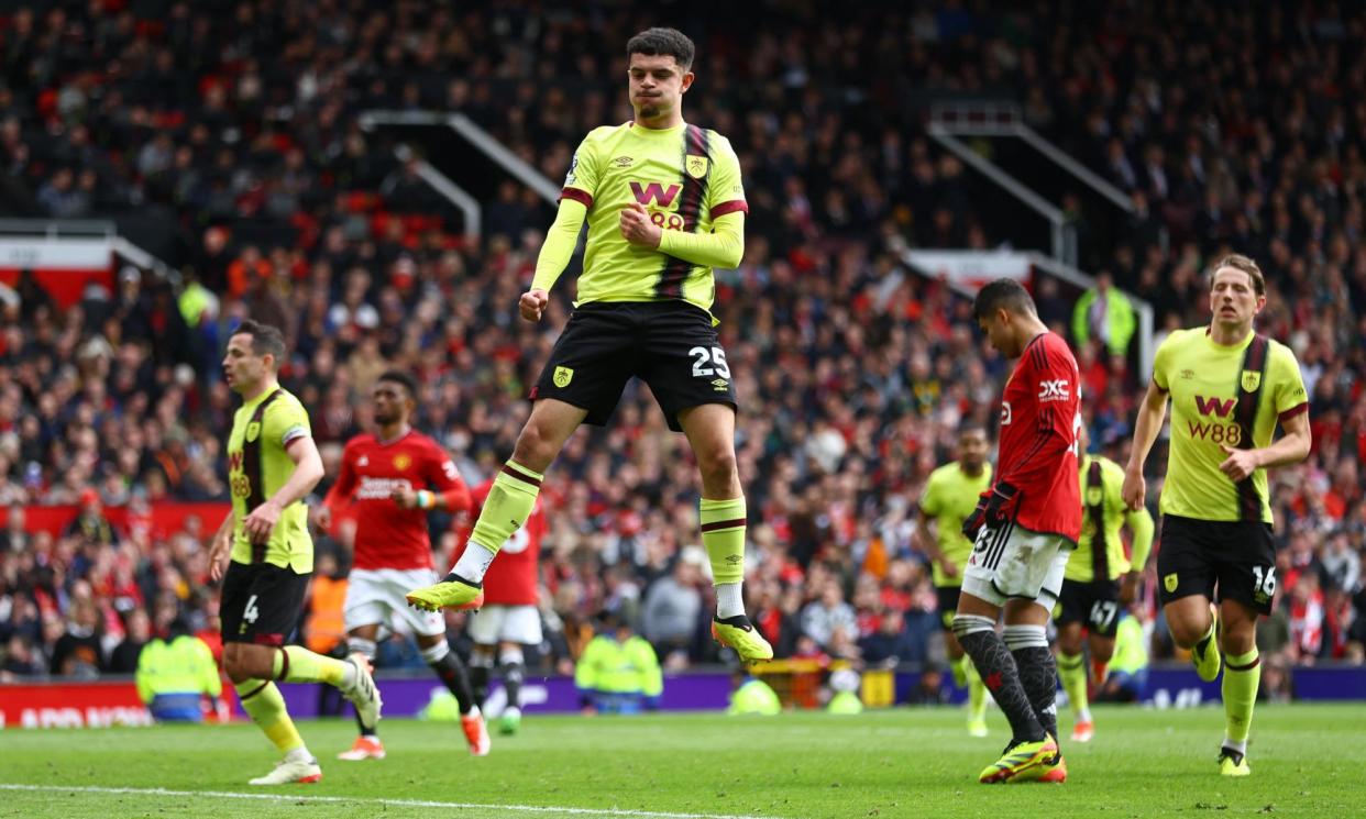 <span>Zeki Amdouni celebrates scoring Burnley’s equaliser at Manchester United from the penalty spot.</span><span>Photograph: Carl Recine/Reuters</span>