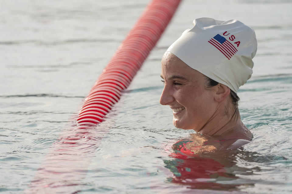 Two-time Olympic gold medalist and attacker Maddie Musselman trains with the U.S. women's water polo team at Los Alamitos Aquatics Center, in Los Alamitos, Calif., on Thursday, Jan. 18, 2024. (AP Photo/Damian Dovarganes)