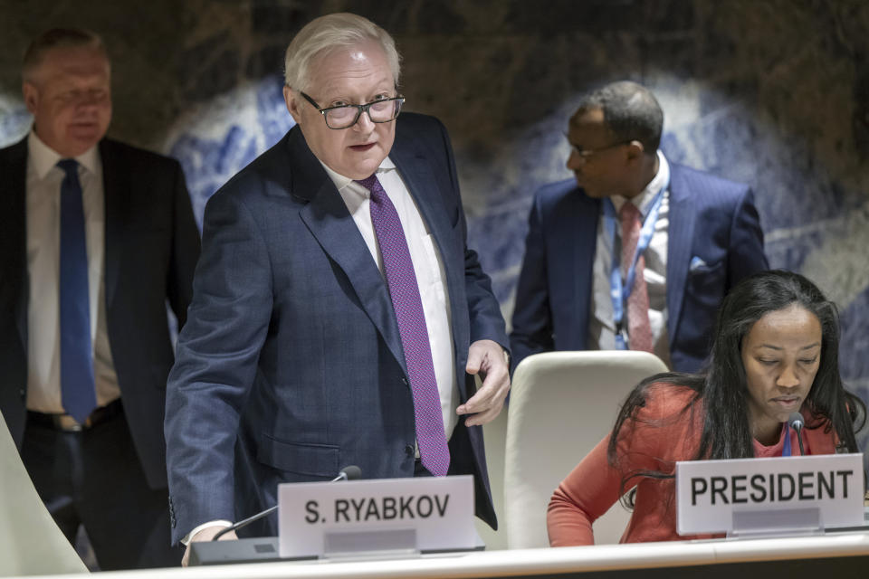Russian Deputy Minister of Foreign Affairs Sergei Ryabkov delivers a speech during a session of the Conference on Disarmament at the European headquarters of the United Nations in Geneva, Switzerland, Thursday, March 2, 2023. (Martial Trezzini/Keystone via AP)
