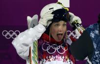 Canada's Chloe Dufour Lapointe reacts during the women's freestyle skiing moguls qualification round at the 2014 Sochi Olympic Games in Rosa Khutor February 6, 2014. REUTERS/Dylan Martinez (RUSSIA - Tags: SPORT OLYMPICS SPORT SKIING)