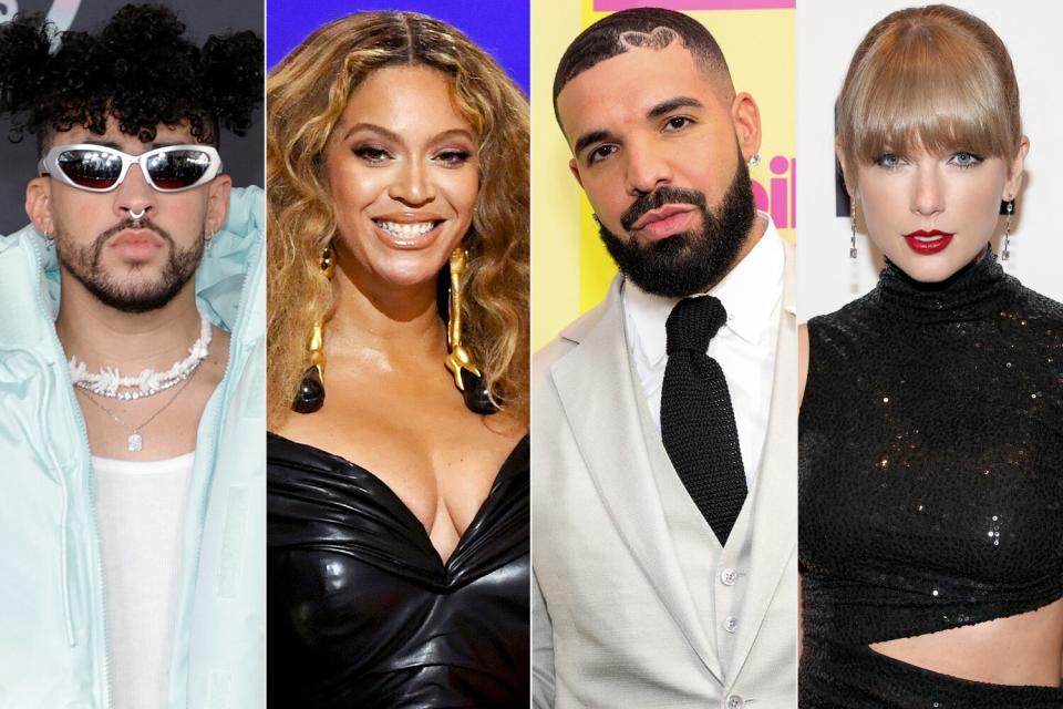 LOS ANGELES, CALIFORNIA - NOVEMBER 21: Bad Bunny attends the 2021 American Music Awards at Microsoft Theater on November 21, 2021 in Los Angeles, California. (Photo by Amy Sussman/Getty Images); LOS ANGELES, CALIFORNIA - MARCH 14: Beyoncé accepts the Best Rap Performance award for 'Savage' onstage during the 63rd Annual GRAMMY Awards at Los Angeles Convention Center on March 14, 2021 in Los Angeles, California. (Photo by Kevin Winter/Getty Images for The Recording Academy); LOS ANGELES, CALIFORNIA - MAY 23: Drake, winner of the Artist of the Decade Award, poses backstage for the 2021 Billboard Music Awards, broadcast on May 23, 2021 at Microsoft Theater in Los Angeles, California. (Photo by Rich Fury/Getty Images for dcp); NASHVILLE, TENNESSEE - SEPTEMBER 20: NSAI Songwriter-Artist of the Decade honoree, Taylor Swift attends NSAI 2022 Nashville Songwriter Awards at Ryman Auditorium on September 20, 2022 in Nashville, Tennessee. (Photo by Terry Wyatt/Getty Images)