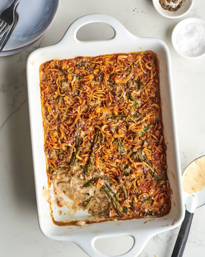 Serious Eat's green bean casserole in baking dish with serving scooped out.