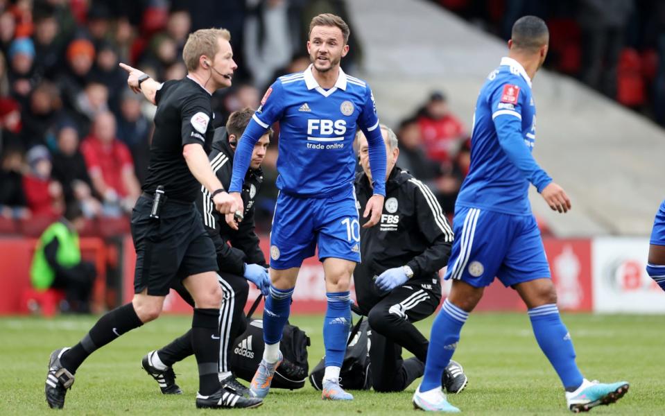 James Maddison of Leicester City appeals to referee Gavin Ward during the Emirates FA Cup Fourth Round match between Walsall and Leicester City at Poundland Bescot Stadium on January 28, 2023 in Walsall, England - Plumb Images/Leicester City FC via Getty Images