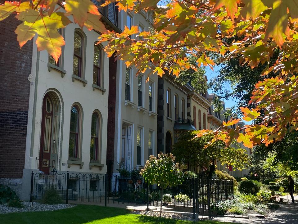 row of houses on an american street in the fall