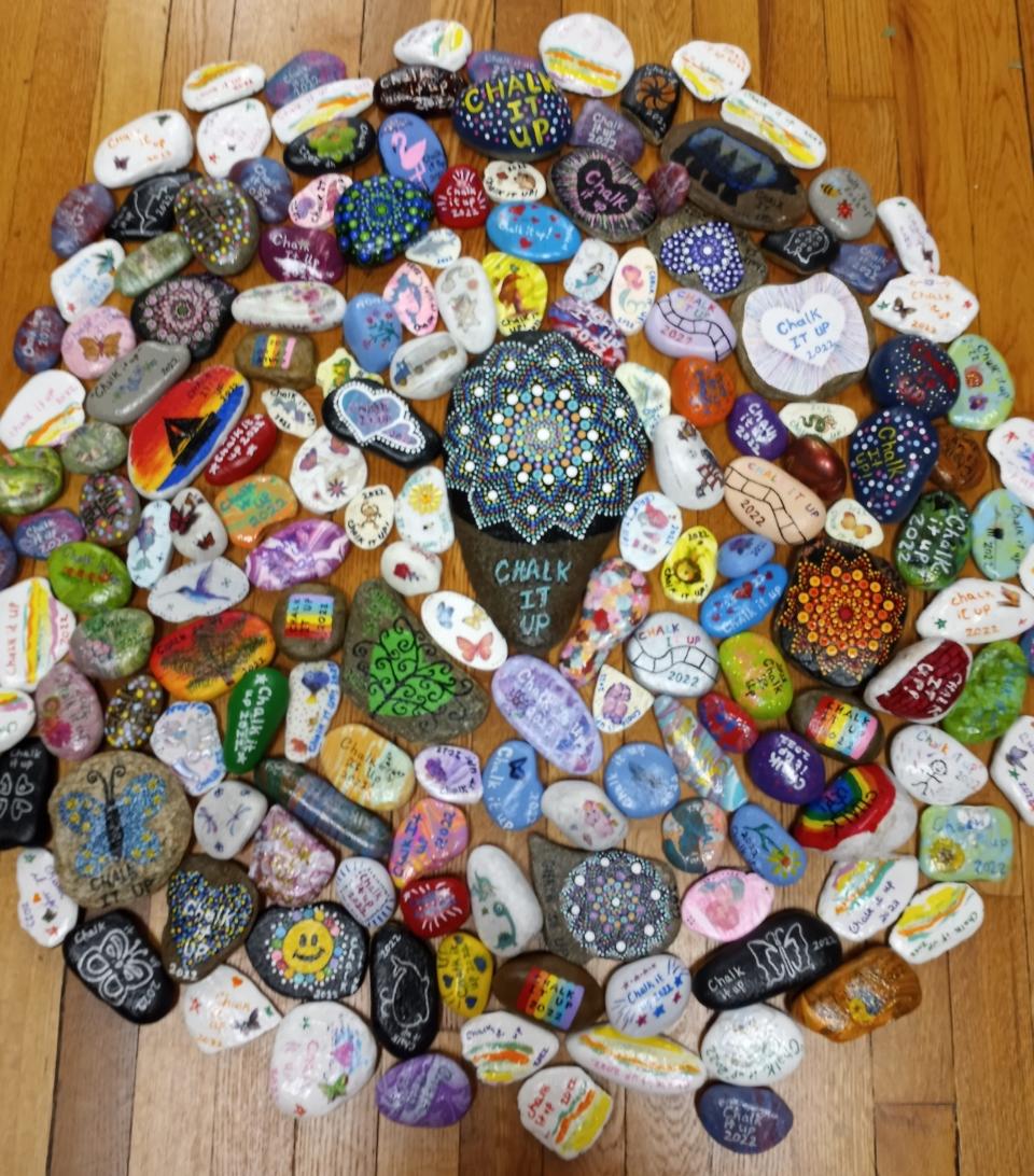 These were the collection of rocks painted by the HVL Rocks Facebook group for Barbara Hughes' annual Chalk it Up event this year.
