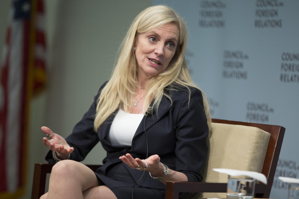 Federal Reserve board member Lael Brainard speaks to the Council on Foreign Relations in Washington, Friday, June 3, 2016. Brainard signaled that the Fed should be in no hurry to act, especially after a bleak U.S. jobs report was released earlier in the day. (AP Photo/Evan Vucci)