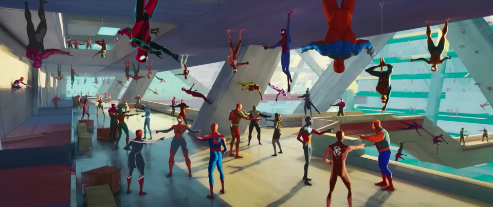 a room full of spidermans point fingers at each other in a scene from spiderman across the spiderverse,