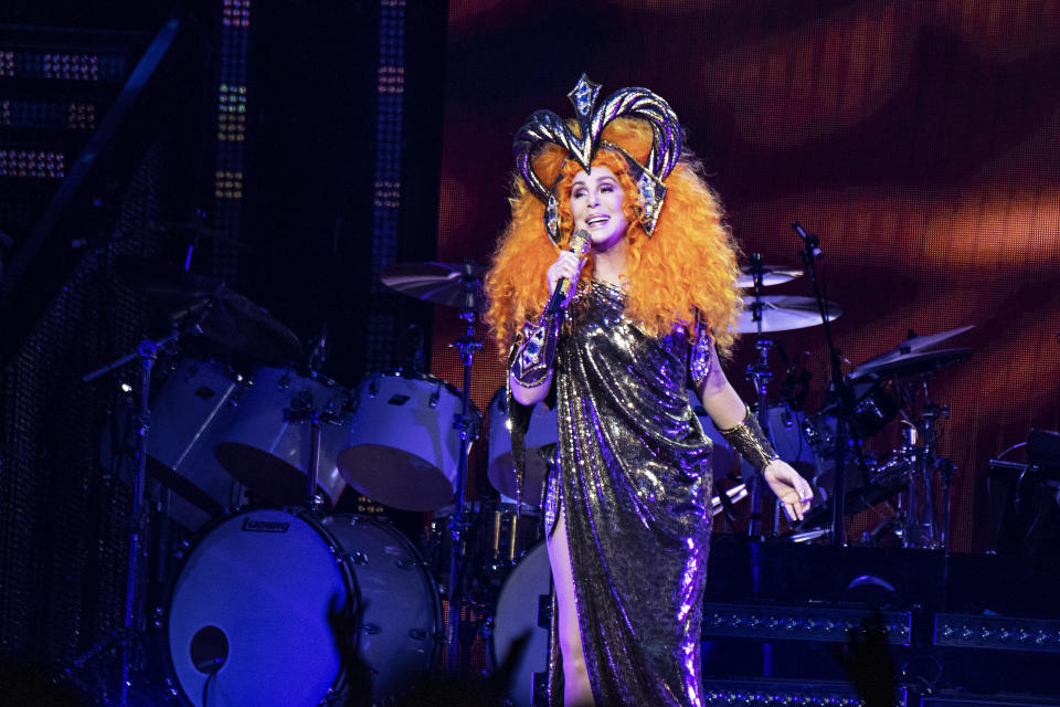 Cher seen during the "Here We Go Again Tour" at the KFC Yum! Center on Monday, Feb. 4, 2019, in Louisville, Ky. (Photo by Amy Harris/Invision/AP)