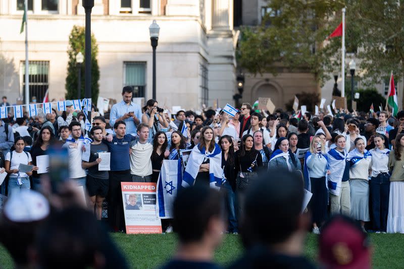 Pro-Israel students take part in a protest in support of Israel amid the ongoing conflict in Gaza, at Columbia University in New York City