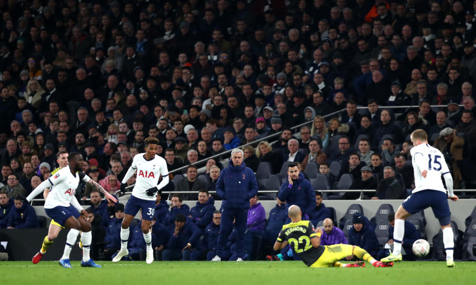 LONDON, ENGLAND - FEBRUARY 05: Tottenham Manager José Mourinho looks on during the FA Cup Fourth Round Replay match between Tottenham Hotspur and Southampton FC at Tottenham Hotspur Stadium on February 05, 2020 in London, England. (Photo by Chloe Knott - Danehouse/Getty Images)