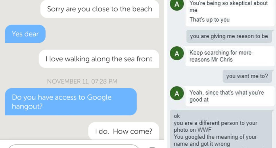 Scammers will quickly try and move the conversation off platform and onto Google Hangouts. Source: Craig Buck