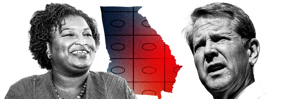 An outline of the state of Georgia with rows and columns of ballot bubbles and Stacey Abrams and Brian Kemp on either side