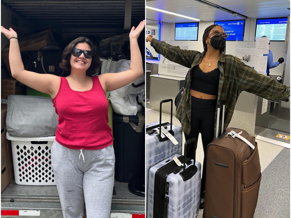 Gabi and Pauline pose in front of their moving mode of transportation, car and plane.