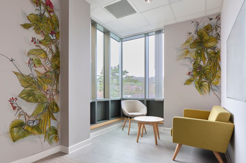 Counselling room with views across surrounding hills. Artwork – Hand painted murals. ‘Precious Pollinators and the Forest Garden’ by Natasha Clutterbuck