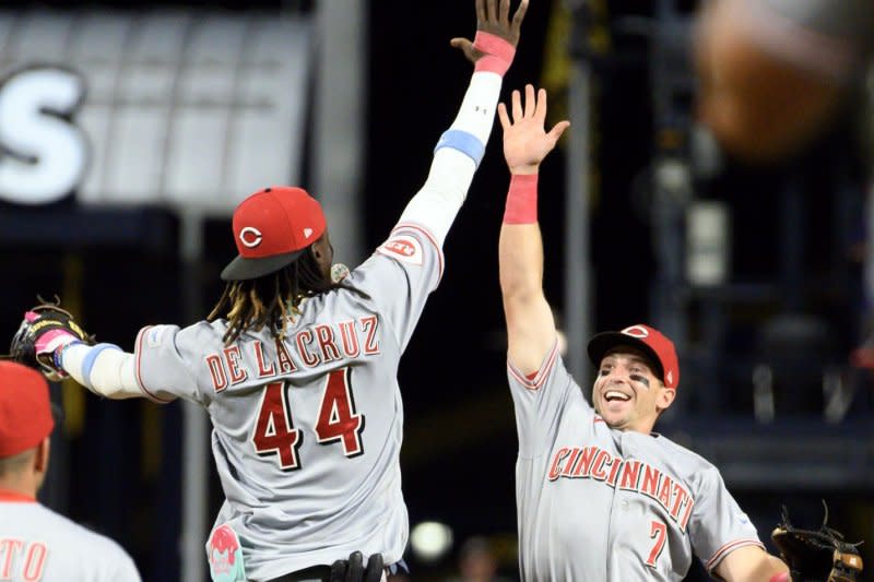 Cincinnati Reds shortstop Elly De La Cruz (44) and outfielder Spencer Steer drove in two runs apiece in a win over the Milwaukee Brewers on Monday in Cincinnati. File Photo by Archie Carpenter/UPI