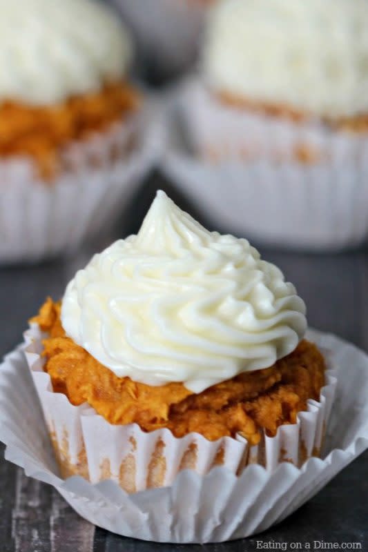 <p>Eating on a Dime</p><p> If you have about 30 minutes, you can whip up these pumpkin cupcakes.</p><p><strong>Get the recipe: </strong> <a href="https://www.eatingonadime.com/pumpkin-cupcakes-2/" rel="nofollow noopener" target="_blank" data-ylk="slk:Pumpkin Cupcakes Recipe;elm:context_link;itc:0;sec:content-canvas" class="link rapid-noclick-resp"><strong>Pumpkin Cupcakes Recipe</strong></a></p>
