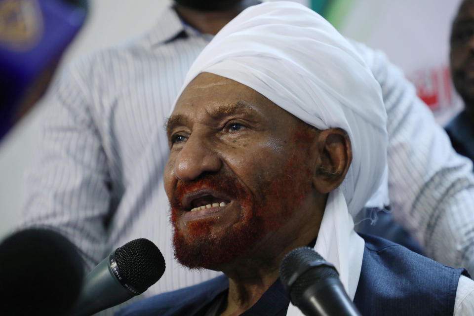 Leading Sudanese opposition figure Sadiq al-Mahdi, Sudan's last democratically elected prime minister, holds a news conference at the Umma Party House in Omdurman, Sudan on Saturday, April 27, 2019. Al-Mahdi said protesters will not break up the sit-in until there is a full transfer of power to civilians. (AP Photo)