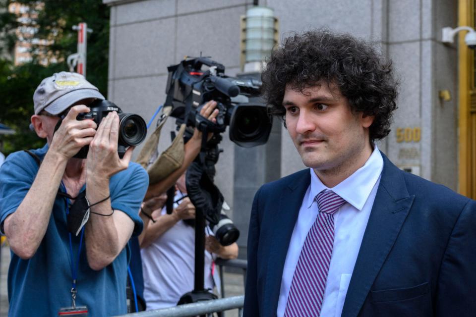 Former FTX chief Sam Bankman-Fried leaves the Federal Courthouse following a bail hearing ahead of his October trial, in New York City on July 26, 2023.