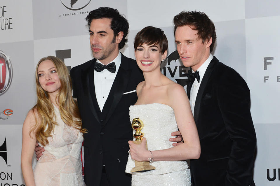 Amanda Seyfried, Sacha Baron Cohen, Anne Hathaway and Eddie Redmayne arrive at NBC Universal's Golden Globes Post-Party Sponsored by Fiat and Hilton held at the Beverly Hilton Hotel on January 13, 2013.